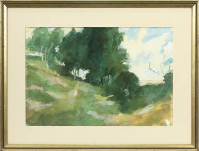 KARL LARSEN WATERCOLOR AND GOUACHE ON PAPER: KARL LARSEN (DANISH 1897 - 1977) WATERCOLOR AND GOUACHE ON PAPER, H 14 1/2", W 22", SUMMER LANDSCAPE Watercolor and gouache on paper by the Danish artist Karl Larsen. Depicts a wooded summer landscape