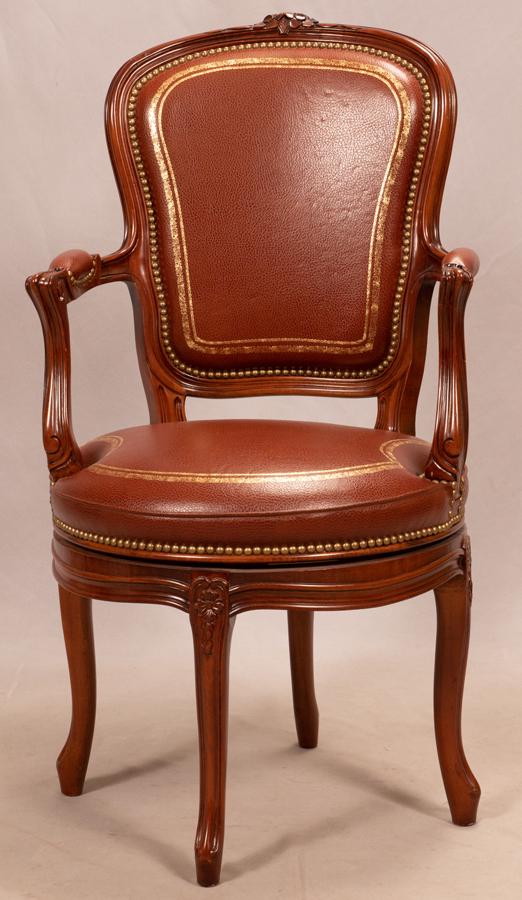 FRENCH WALNUT & LEATHER SWIVEL ARMCHAIR (1 of 2)