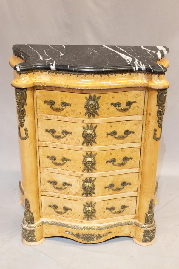 SERPENTINE FRONT CHEST, H 37", W 32", D 16": SERPENTINE FRONT CHEST, H 37", W 32", D 16"5 drawers. Bronze ormolu. Pickled light wood finish, black marble top.