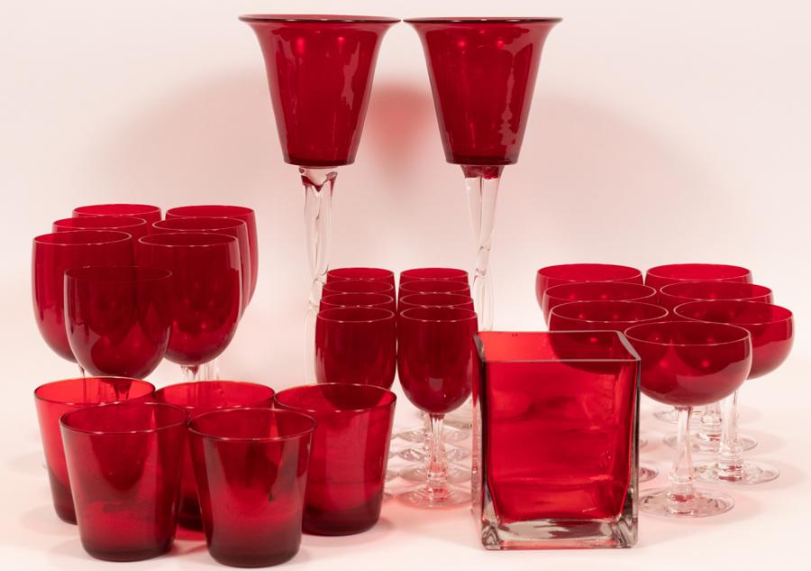 FOSTORIA RED GLASS STEMWARE, 27 PCS (1 of 12)