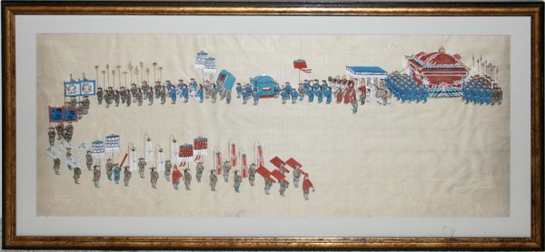 CHINESE HAND PAINTING ON SILK 10 1/2" X 26": CHINESE HAND PAINTING ON SILK 10 1/2" X 26":Depicting a Chinese funeral procession. Matted and framed under glass. From the Estate of Robert D. Ellinger, Grand Rapids, MI.