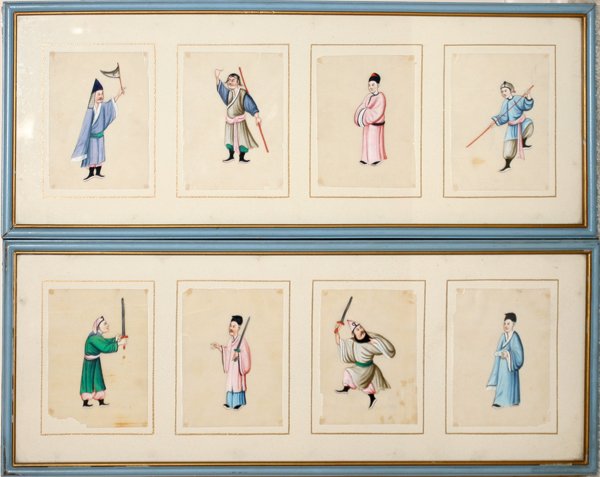 CHINESE PAINTINGS ON SILK, MOUNTED AS A PAIR: CHINESE PAINTINGS ON SILK, MOUNTED AS A PAIR, 5 1/2" X 4":Having four images each. Framed under glass. Hand painted. From the Estate of Robert D. Ellinger, Grand Rapids, MI.