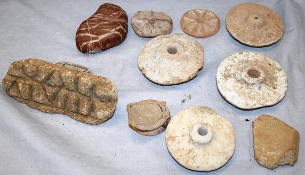 MIDDLE EASTERN, TERRACOTTA ANTIQUITY ITEMS: MIDDLE EASTERN, TERRACOTTA ANTIQUITY ITEMS, WHEELS, SULTAN'S SEAL, POTTERY, ETC., 10 PCS.:also pottery chards, some Persian; possibly 200 B.C;