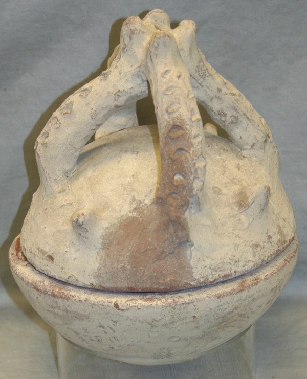 DAHOMEY AFRICAN TERRACOTTA COVERED POT, H 10": DAHOMEY, AFRICAN TERRACOTTA COVERED POT, H 10", DIA 8":female ritual covered pot of brown terracotta with white kaoline wash; Ex-collection Detroit Institute of Arts;