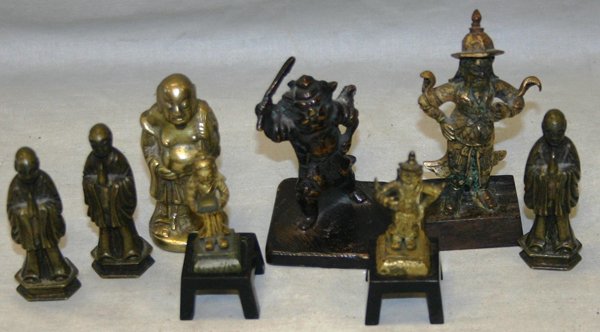 JAPANESE, MALAYSIAN & CHINESE BRONZES 19TH C: JAPANESE, MALAYSIAN & CHINESE BRONZE SCULPTURES, 19TH C, 8 PCS., H 2" - 3":includes warriors, Buddhas and high priests;