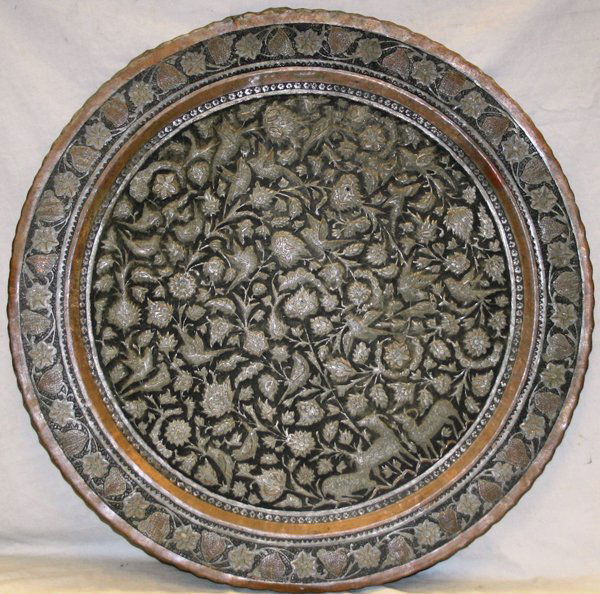 PERSIAN BRASS AND ENAMEL TRAY, DIA 30": PERSIAN BRASS AND ENAMEL TRAY, DIA 30":having deer, birds and floral designs;