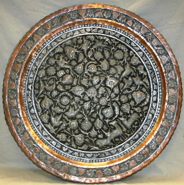 PERSIAN BRASS AND ENAMEL TRAY, DIA 28": PERSIAN BRASS AND ENAMEL TRAY, DIA 28":having deer, birds and floral designs;