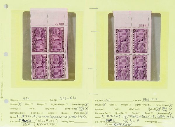 U.S. SCOTT UNUSED NH SPECIAL DELIVERY STAMPS: "U.S. SCOTT UNUSED NH SPECIAL DELIVERY STAMPS, PL.# 22739 & 22841 (U), 2 PL BLKS OF 4-STAMPS, 1 PAIR:unused condition. original gum, unused," (rev.20090319)