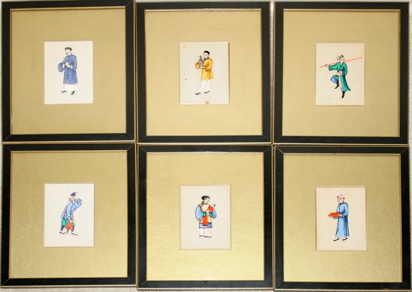 CHINESE WATERCOLOR AND GOUACHE PAINTINGS SIX: CHINESE WATERCOLOR AND GOUACHE PAINTINGS SIX 4" X 2":Depicting figures. Matted and framed under glass. From the Estate of Robert D. Ellinger, Grand Rapids, MI.