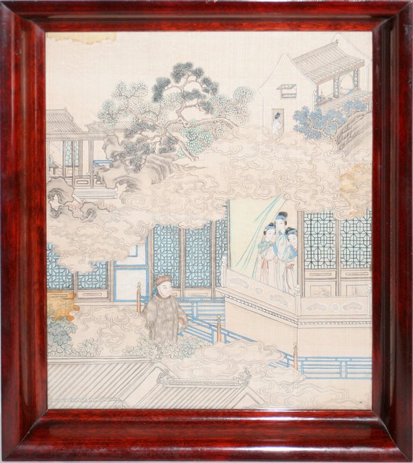 CHINESE PAINTING ON SILK 10" X 7 1/4": CHINESE PAINTING ON SILK 10" X 7 1/4":Has some water staining in upper and lower left and center right. From the Estate of Robert D. Ellinger, Grand Rapids, MI.
