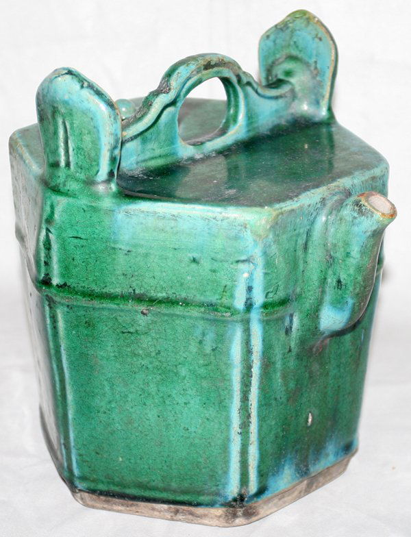 CHINESE EARTHENWARE POTTERY TEA POT, H 9": CHINESE EARTHENWARE POTTERY TEA POT, H 9", L 7":Has a blue green glaze. With a small lid From the Estate of Robert D. Ellinger, Grand Rapids, MI.
