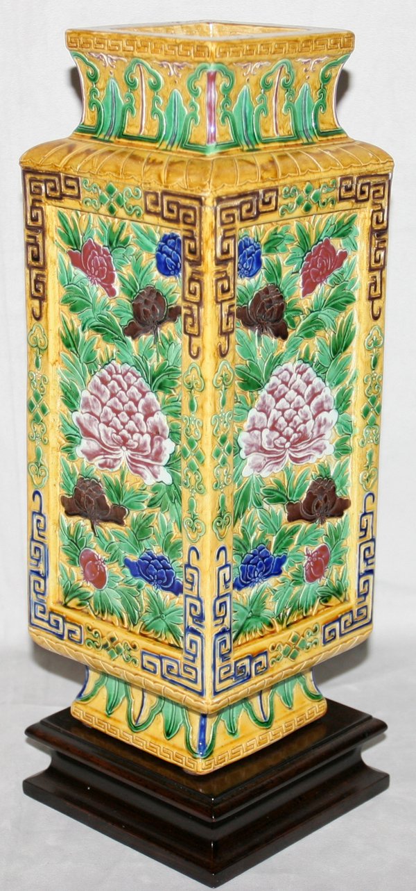 CHINESE POTTERY SQUARE VASE: "CHINESE POTTERY SQUARE VASE, H 13 1/2"":having a mustard ground with floral design. Circa 1930's From the Estate of Robert D. Ellinger, Grand Rapids, MI. measurement with out base." (rev.20090319)