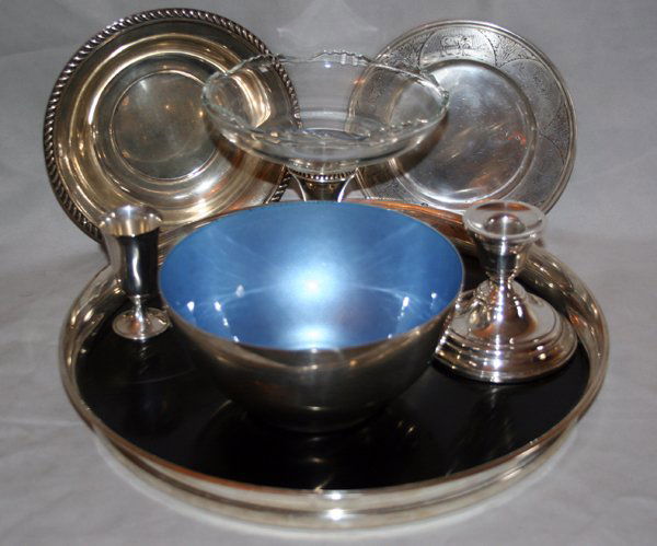 GORHAM, TOWLE, BLACKINTON STERLING TABLE WARE: "GORHAM, TOWLE, R. BLACKINTON STERLING TABLE WARE, SEVEN PIECES, MID 20TH CENTURY:Including 1 Gorham cocktail tray, number 1064, Dia.12 7/8""; 1 Towle bowl, blue enamel well, H.3 1/4"", Dia.6 5/8""; 1
