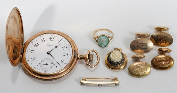 A. J. HEDGES 14KT GOLD PIN, GOLD RING, LOCKET: A. J. HEDGES 14KT GOLD PIN, GOLD RING, LOCKET, & CUFF LINKS, EIGHT PIECES:Including 1 14kt yellow gold bar pin with white enamel stripes and three seed pearls made by A. J. Hedges & Co. of Newark, New