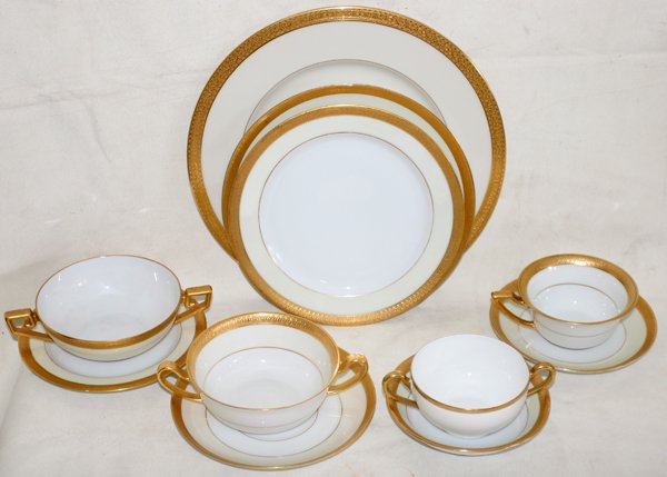LENOX 'STANFORD'/TIRSCHENREUTH 'CLIFTON' SERV: "LENOX 'STANFORD'/TIRSCHENREUTH 'CLIFTON' DINNER SERVICE, 93 PIECES:Assembled porcelain service with gold-banded rims, Lenox ""Stanford"" pattern includes 13 dinner plates, Dia.10 1/2"", 12 tea cups a
