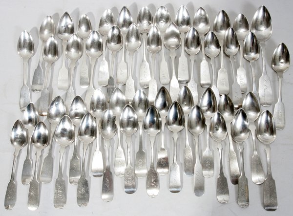 COIN SILVER TEASPOONS (45), 19TH C.: COIN SILVER TEASPOONS (45), 19TH C.:Most have engraved monograms. All show much use. Silver is approx 750. jw