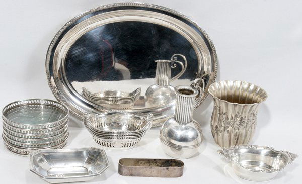 SILVER GROUPING, 19 PIECES, INCLUDING GORHAM: SILVER GROUPING, 19 PIECES, INCLUDING GORHAM, RANDAHL & FRENCH:Including a set of 6 sterling silver-rimmed coasters, Dia.3", plus 1 non-matching coaster; a set of 6 Gorham sterling silver nut dishes,