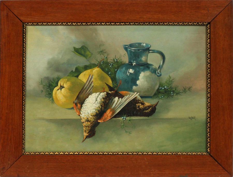 BERT WOLF, 1924 OIL ON BOARD STILL LIFE: BERT WOLF, AUSTRIA, 1924 OIL ON BOARD H 11 L 16" STILL LIFE Signed and dated 1924. Still life of doves, ceramic pitcher, blueberries.