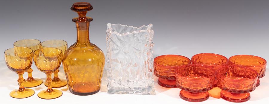 BLOWN GLASS DECANTER, GLASSES, BOWLS AND VASE: BLOWN GLASS AMBER DECANTER, 4 WINE GLASSES, 5 DESSERT BOWLS AND VASE Blown glass decanter 9" and four matching wine glasses, 4.7".Polished pontel. Five orange glass dessert bowls 3.7". Rosenthal Studi