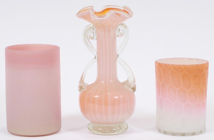 SATIN GLASS AND BURMESE TUMBLERS, HAND BLOWN VASE: SATIN GLASS AND BURMESE TUMBLERS (2), HAND BLOWN VASE 19TH.C. H 3.5", 4", 6" Three pieces. Mother of pearl satin glass tumbler circa 1870, H 3.5"; Burmese tumbler 4.1" circa 1870. Hand blown flower va