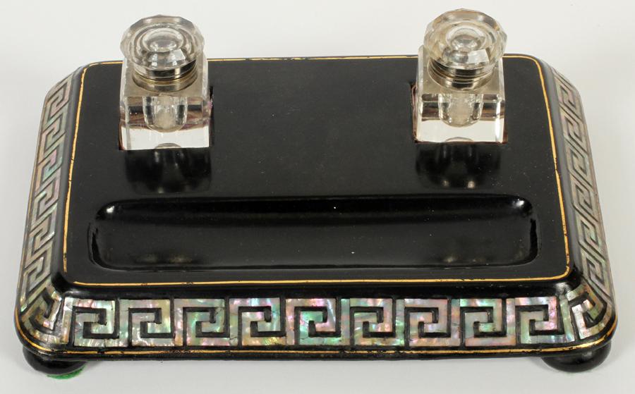 ENGLISH PAPER MACHE AND MOTHER OF PEARL INKSTAND (1 of 4)