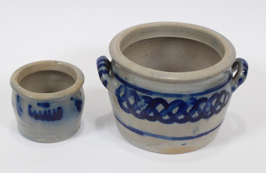 SALT GLAZED STONEWARE CROCKS, 2 PCS, H 4"-6.5" (1 of 2)