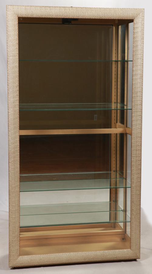 PHILIP REINISCH CO WOOD AND GLASS MIRRORED CABINET: PHILIP REINISCH CO WOOD AND GLASS LIGHTED MIRRORED CABINET H 6'8" W 3'5" D 1'3" Includes five shelves. No sign of cracks, chips, or loss of paint.