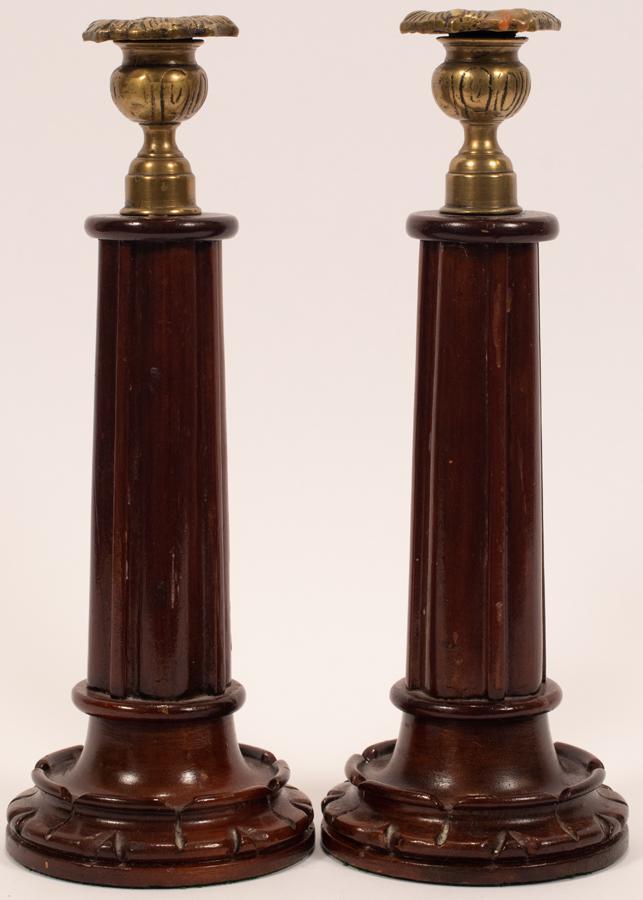 MAHOGANY & BRASS CANDLESTICKS, PAIR (1 of 4)