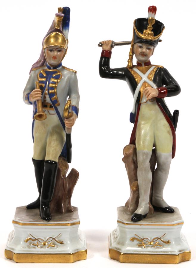 ITALIAN CAPODIMONTE PORCELAIN SOLDIERS, PAIR: ITALIAN CAPODIMONTE PORCELAIN SOLDIERS, PAIR, H 8.25"Having crown mark to the underside with fired gold accents. From the Estate of George Palmer, Seminole Street, Indian Village, Mi.