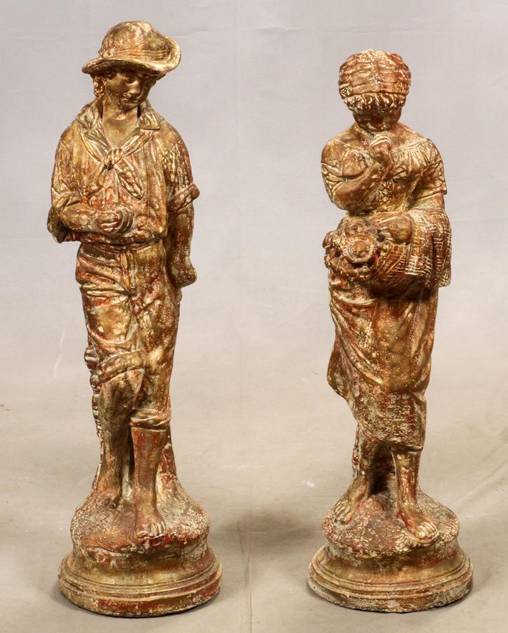 CEMENT GARDEN STATUES, MAN AND WOMAN, PAIR (1 of 5)
