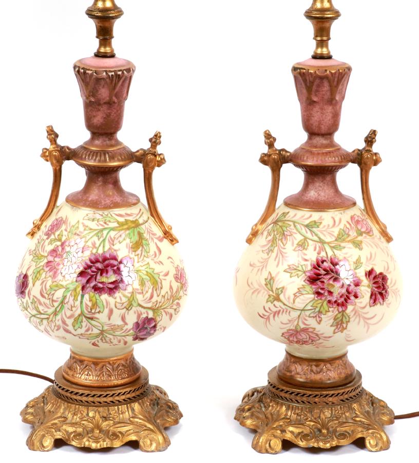 ENGLISH CERAMIC LAMPS, C. 1900 PAIR, H 31" (1 of 6)