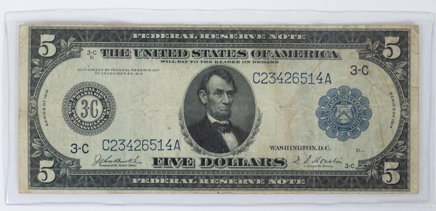 U.S $5.00 ABE LINCOLN FEDERAL NOTE, 1914 (1 of 3)