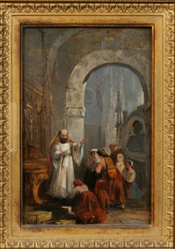 DAVID ROBERTS OIL/BOARD 10" X 7" CHURCH INTERIO: DAVID ROBERTS, OIL ON BOARD, 10" X 7", CHURCH INTERIOR: SCOTTISH, 1796-1864:10 1/4" x 7". Image depicts a priest bestowing a blessing upon penitent members of a parish, set within a Gothic cathedral.