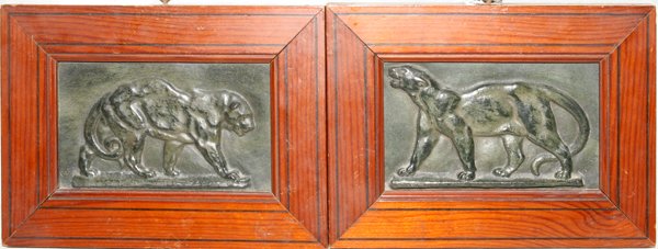 AFTER BARYE, BRONZE PLAQUES, LION & PANTHER: AFTER BARYE, BRONZE PLAQUES, PAIR, ANTIQUE, 2 5/8" X 4 1/2", LION AND PANTHER:Wood frames.