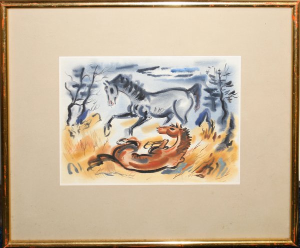 PAUL PETERS WATERCOLOR 1948, TWO HORSES: PAUL PETERS, WATERCOLOR, 8 1/2" X 11", 1948, TWO HORSES: AMERICAN 20TH C.:Detroit artist; signed and dated lower right; framed.