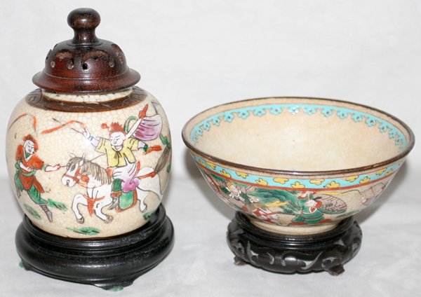 CHINESE CRACKLE GLAZE POTTERY INCENSE JAR/BOWL: CHINESE CRACKLE GLAZE POTTERY INCENSE JAR AND BOWL, TWO PIECES:both depicting battle scenes; with wood stands; From the Estate of Robert D. Ellinger, Grand Rapids, MI.