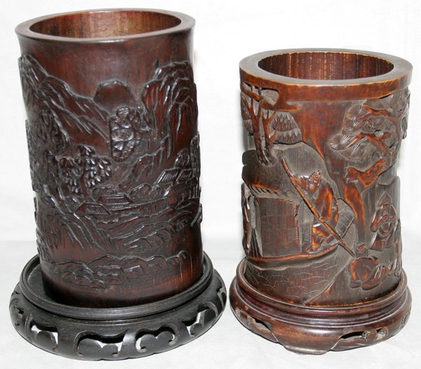 CHINESE WOOD BRUSH POTS, PAIR, 5 1/2" X 4": "CHINESE WOOD BRUSH POTS, PAIR, 5 1/2"" X 4"":From the Estate of Robert D. Ellinger, Grand Rapids, Mi" (rev.20090417)