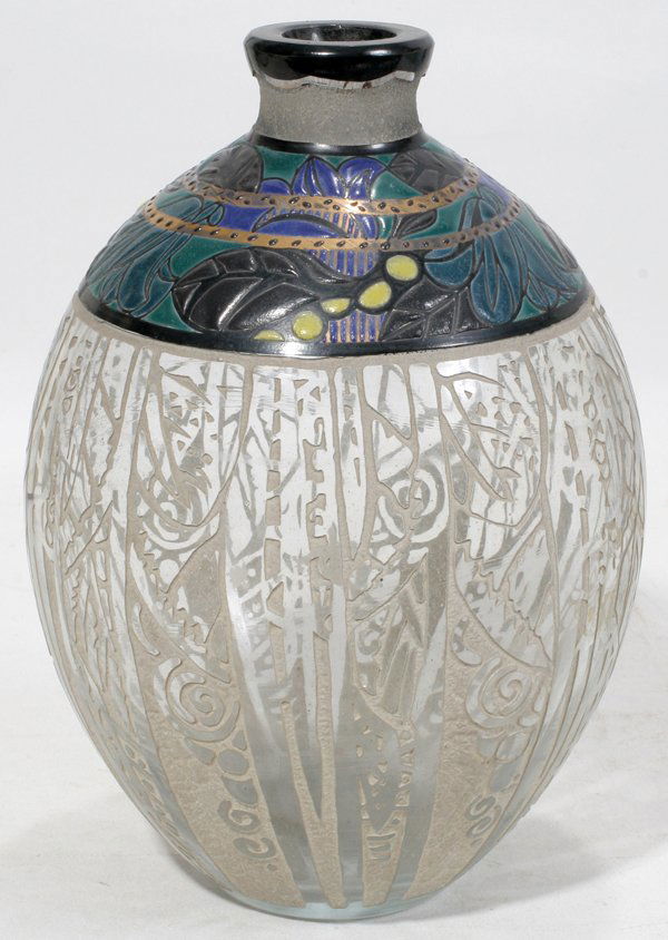 ANDRE DELATTE, NANCY ETCHED & ENAMELED VASE: ANDRE DELATTE, NANCY ETCHED & ENAMELED VASE, H 8", C. 1920:Glass ovoid shape vase with a short neck, enameled art deco motifs at the shoulder in shades of blue, green and yellow, etched vertical bands