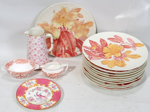 BWM & CO. 'KEW' PLATES, MINTON CREAMER & SUGAR: BWM & CO. 'KEW' PLATES (10), MINTON CREAMER & SUGAR BOWL SET, 19TH C.:English porcelain, including a set of 10 plates by T. C. Brown Westhead Moore & Co., transfer-decorated with bold yellow daffodils