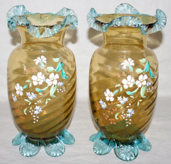 BLOWN AMBER GLASS VASES, PAIR, C. 1870, H 10": BLOWN AMBER GLASS VASES, PAIR, C. 1870, H 10", ENAMEL DECORATION:Probably by Stevens and Williams. Amber swirl with blue petal feet and ruffled collar, enamel decoration. Hand blown. Applied petal fee
