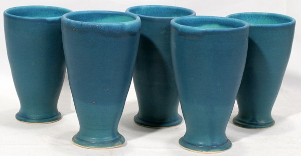 PEWABIC POTTERY TUMBLERS, FIVE, H 6": PEWABIC POTTERY TUMBLERS, FIVE, H 6":Matte blue glaze, unsigned. Late 20th century.