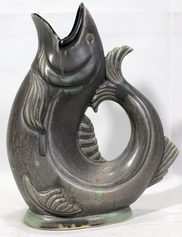 PEWABIC POTTERY FISH PITCHER, H 14": PEWABIC POTTERY FISH PITCHER, H 14":Matte gray and light green glaze, signed incuse at the underside. Measures H.14 1/4", W.11". Late 20th century.