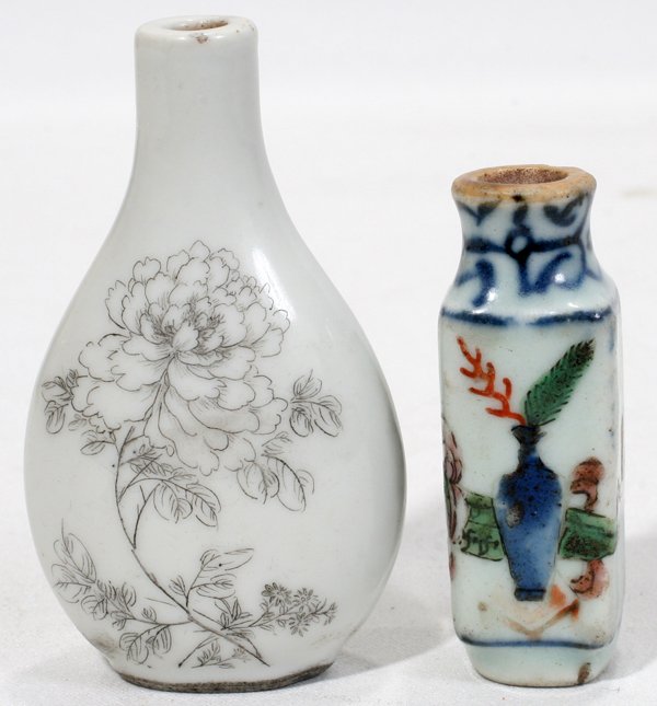 CHINESE PORCELAIN SNUFF BOTTLES TWO: CHINESE PORCELAIN SNUFF BOTTLES, LATE 19TH-EARLY 20TH CENTURY, TWO, H 2" & 2 3/4":Including 1 of square section, hand-decorated at each side including motif of vase with fern, orange chop mark at the 