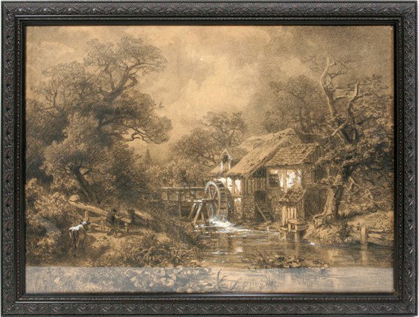 CHARCOAL & GOUACHE RURAL SETTING WITH MILL: "CHARCOAL & GOUACHE, 14 1/2"" X 19 1/2"", RURAL SETTING WITH MILL:Charcoal drawing of a rural mill with figure and cow at the left foreground, heightened with gouache, not signed, under glass, framed.