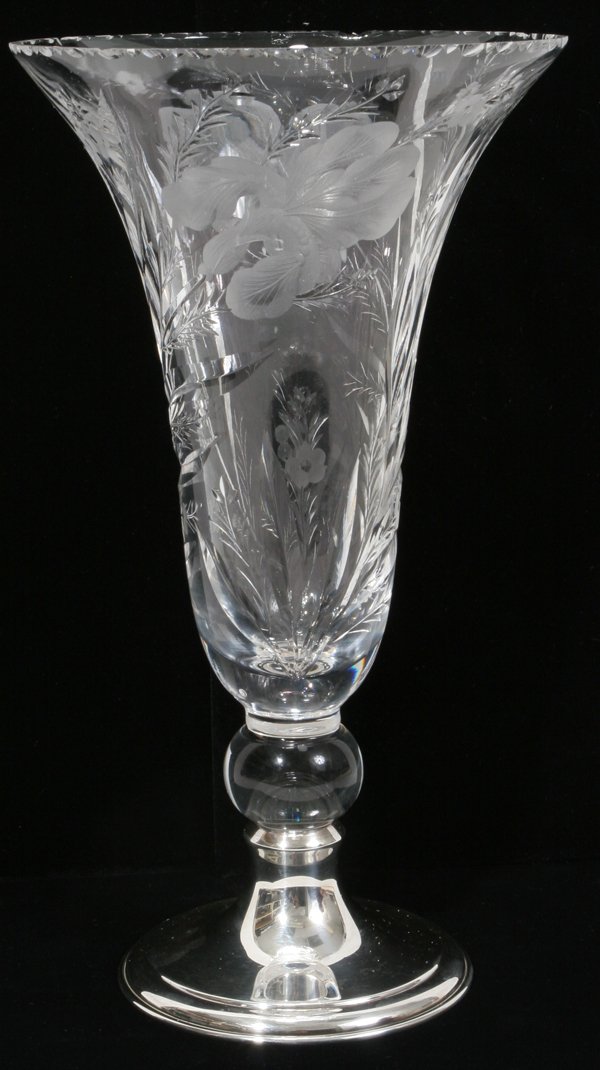 HAWKES CUT/ENGRAVED GLASS VASE W/STERLING BASE: HAWKES CUT & ENGRAVED GLASS VASE WITH STERLING BASE, H 11", DIA 6":Having an engraved glass body with floral motifs, including irises, and with a sterling base that is stamped "Hawkes Sterling 52 PWTS