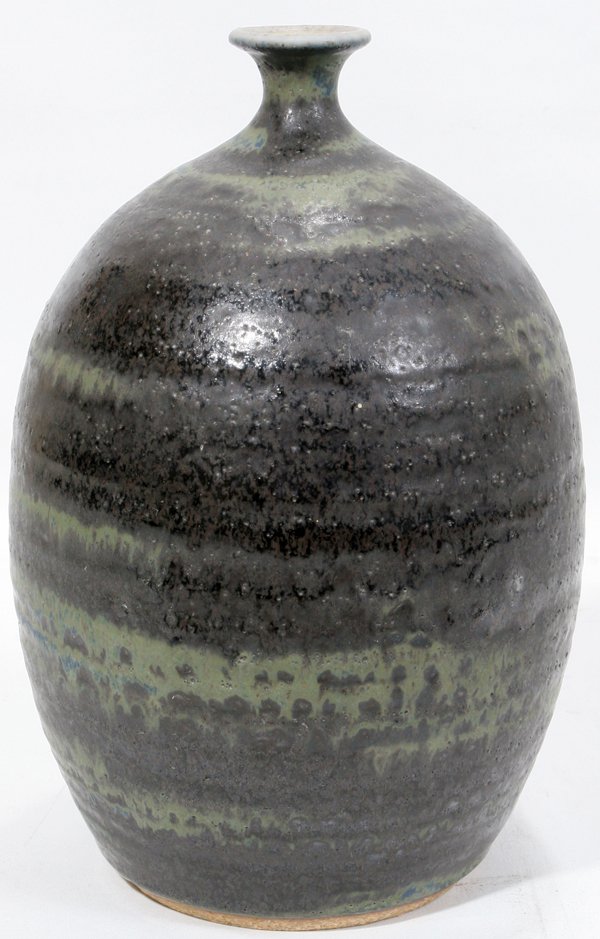 JULIE LARSON, CRANBROOK ACADEMY OF ART VESSEL: JULIE LARSON, CRANBROOK ACADEMY OF ART POTTERY VESSEL, H 9 1/4", DIA 5 1/2":Ovoid shape with short neck, signed in black at the underside.