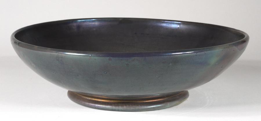 PEWABIC POTTERY IRIDESCENT GLAZE CENTERPIECE BOWL H: PEWABIC POTTERY IRIDESCENT GLAZE CENTERPIECE BOWL H 3.5" DIA 12.25" Iridescent peacock blue interior glaze with cobalt, lavender and copper tones. Iridescent gunmetal glaze to outer. Impressed Pewabic