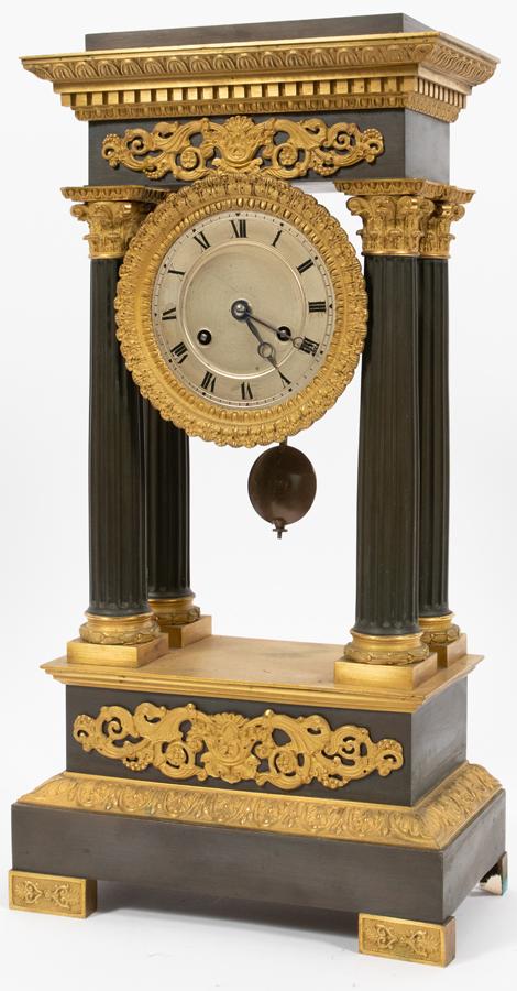 FRENCH EMPIRE  BRONZE MANTEL CLOCK, 19TH C, H 17", W 9" (1 of 3)