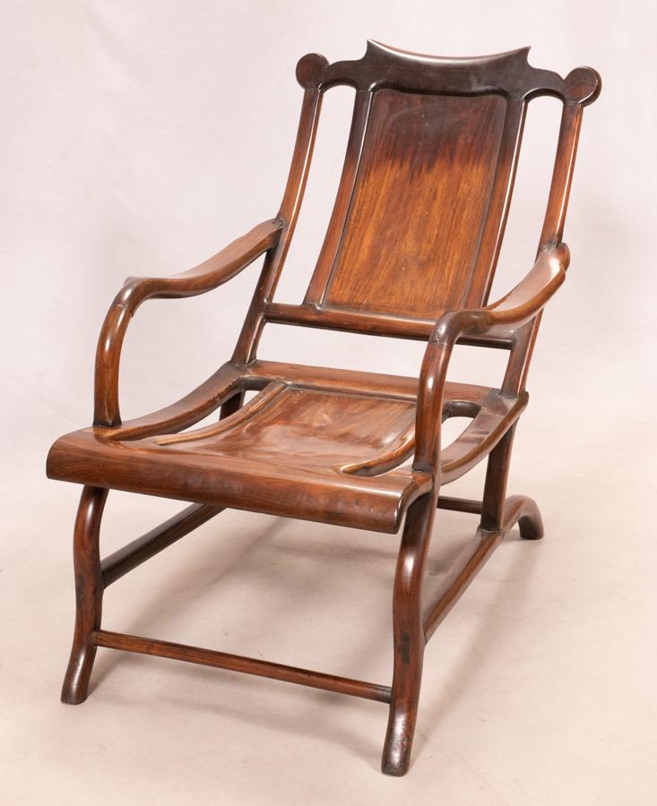 CHINESE TEAKWOOD SLANT BACK LOUNGE CHAIR C 1900 H 32" L (1 of 11)