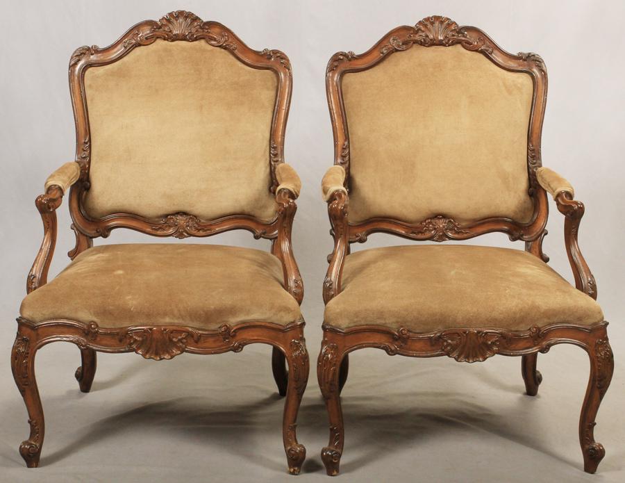 LOUIS XV STYLE OPEN ARM CHAIRS, SUEDE UPHOLSTERY, PAIR, (1 of 3)